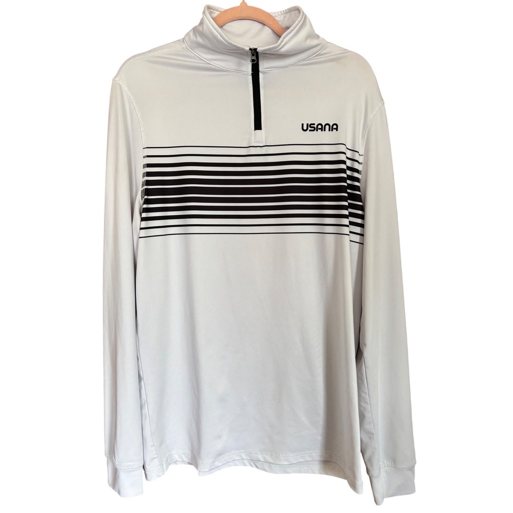 USANA Mens Small Quarter Zip Pullover White Black Striped Performance Golf Shirt